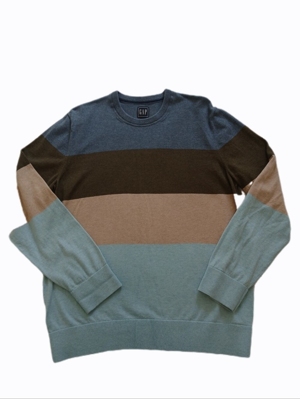 GAP Men’s Large 100% Cotton Wide-Stripe Crewneck Sweater in Blue, Brown, Tan